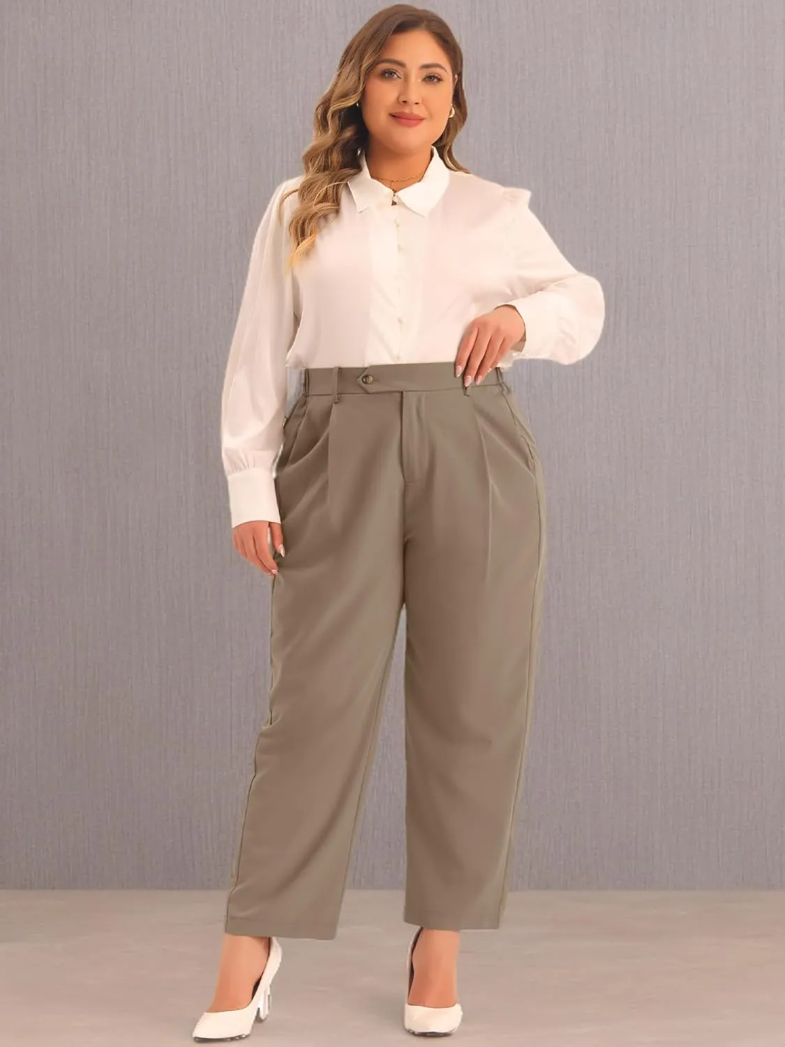 Agnes Orinda Plus Size Pants for Women Elastic High Waisted Long Straight Business Casual Work Pants Trousers with Pockets