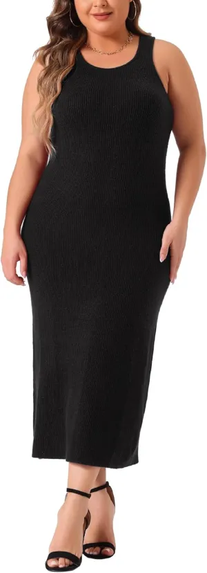 Agnes Orinda Plus Size Sweater Dress for Women Crew Neck Sleeveless Knit Bodycon Midi Sweater Tank Dresses