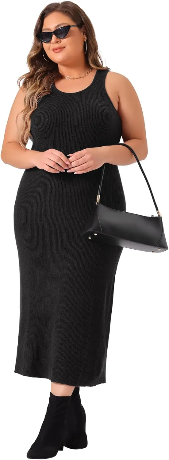 Agnes Orinda Plus Size Sweater Dress for Women Crew Neck Sleeveless Knit Bodycon Midi Sweater Tank Dresses