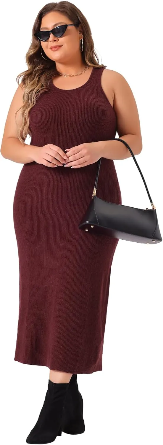 Agnes Orinda Plus Size Sweater Dress for Women Crew Neck Sleeveless Knit Bodycon Midi Sweater Tank Dresses