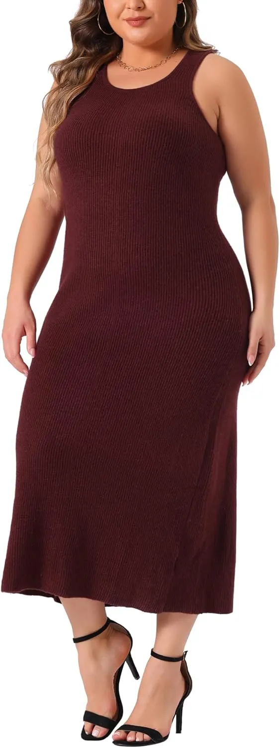 Agnes Orinda Plus Size Sweater Dress for Women Crew Neck Sleeveless Knit Bodycon Midi Sweater Tank Dresses
