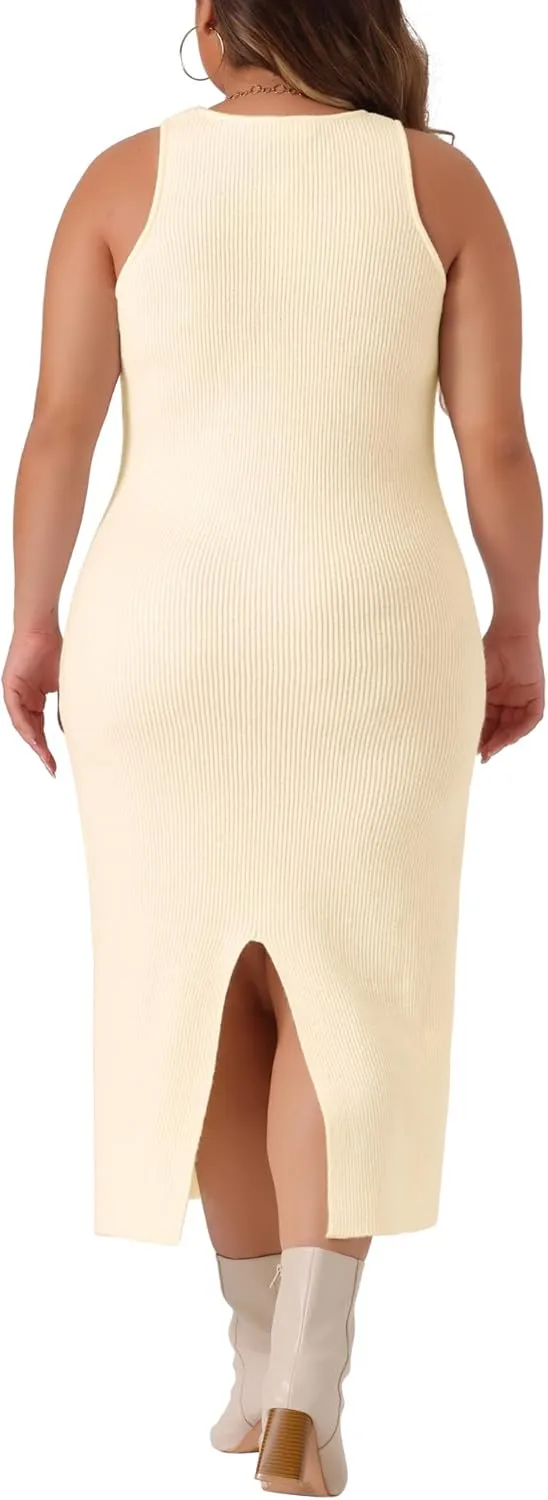 Agnes Orinda Plus Size Sweater Dress for Women Crew Neck Sleeveless Knit Bodycon Midi Sweater Tank Dresses