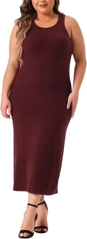 Agnes Orinda Plus Size Sweater Dress for Women Crew Neck Sleeveless Knit Bodycon Midi Sweater Tank Dresses