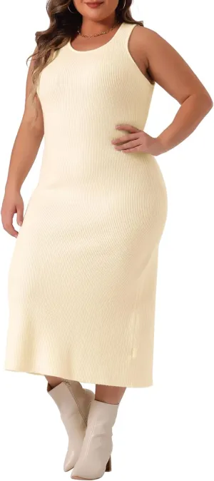 Agnes Orinda Plus Size Sweater Dress for Women Crew Neck Sleeveless Knit Bodycon Midi Sweater Tank Dresses