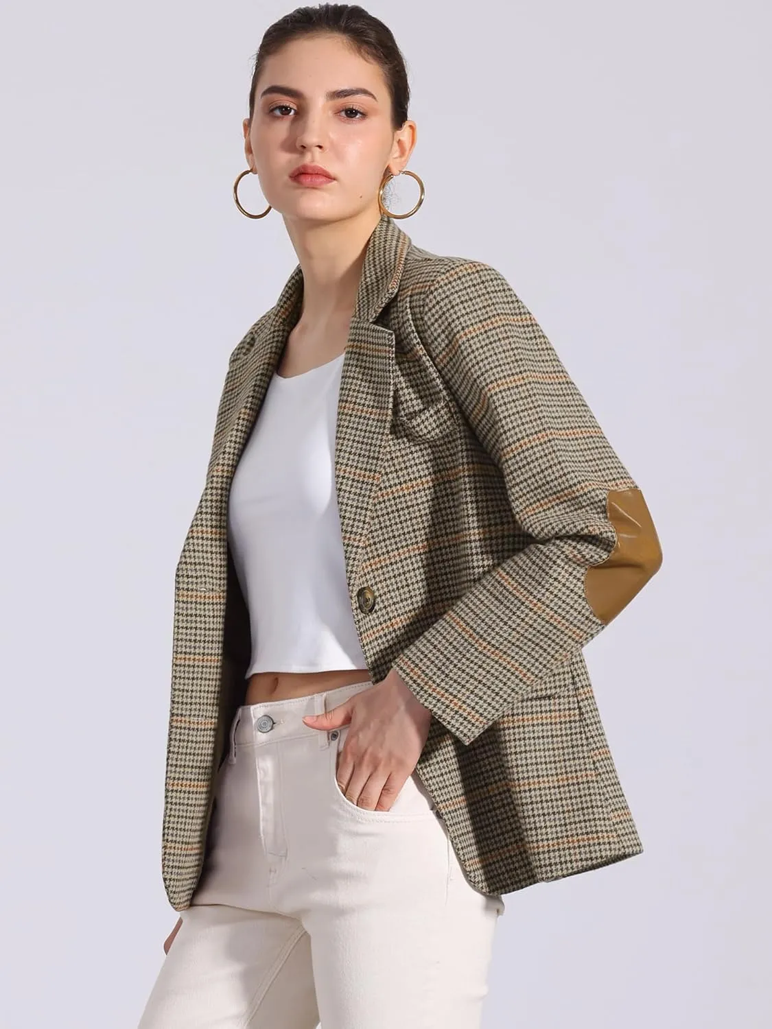 Allegra K Women's Plaid Notched Lapel Button Front Work Formal Blazer Jacket