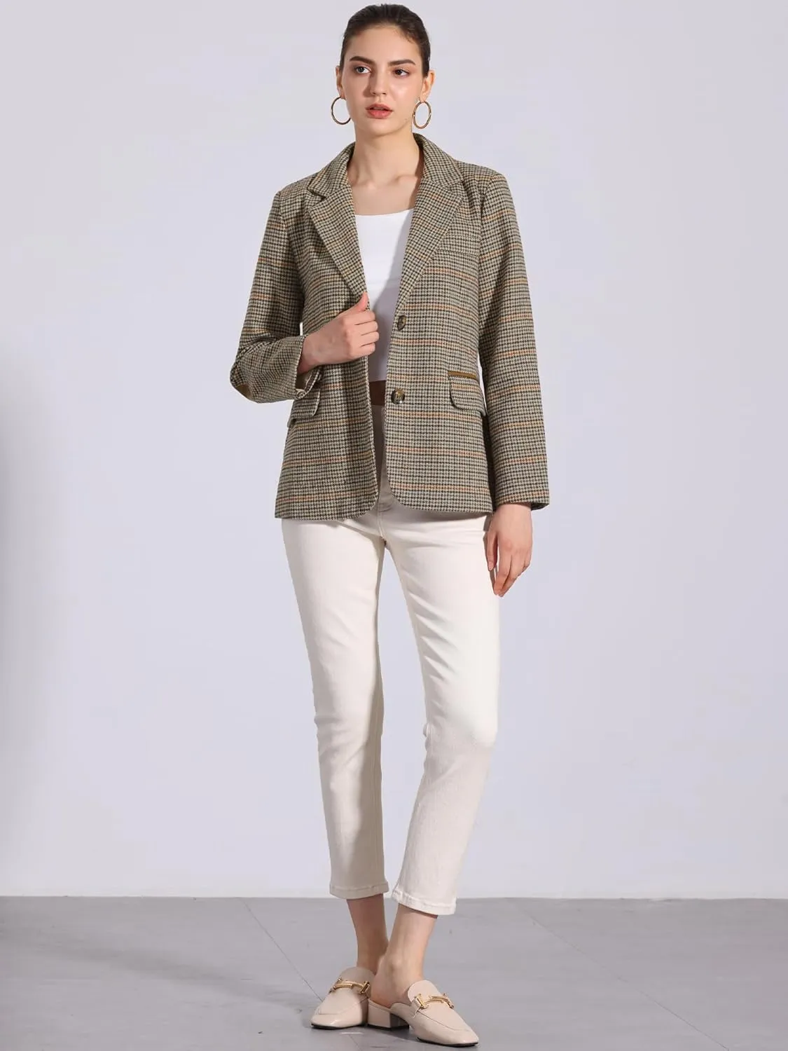 Allegra K Women's Plaid Notched Lapel Button Front Work Formal Blazer Jacket