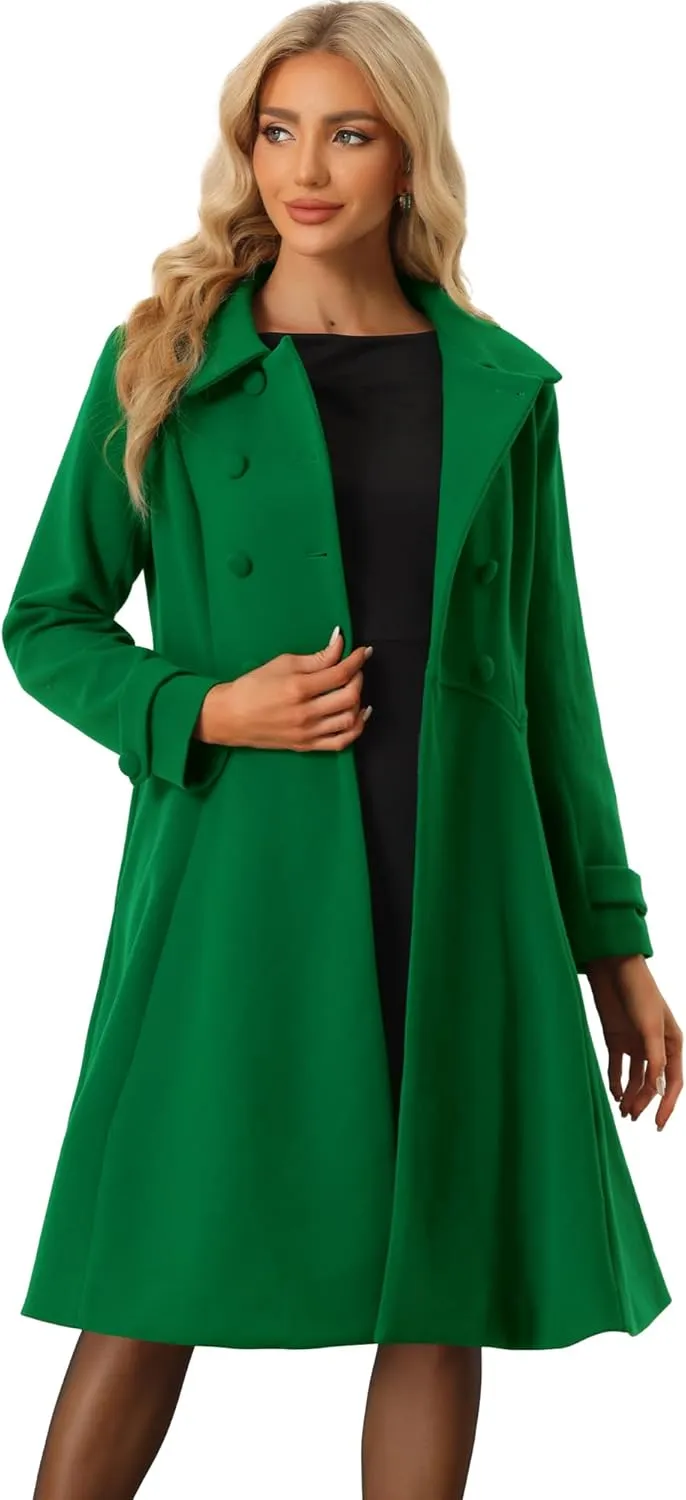 Allegra K Women's Winter Overcoat a Line Trench Coat Lapel Collar Swing Double Breasted Long Dress Coat