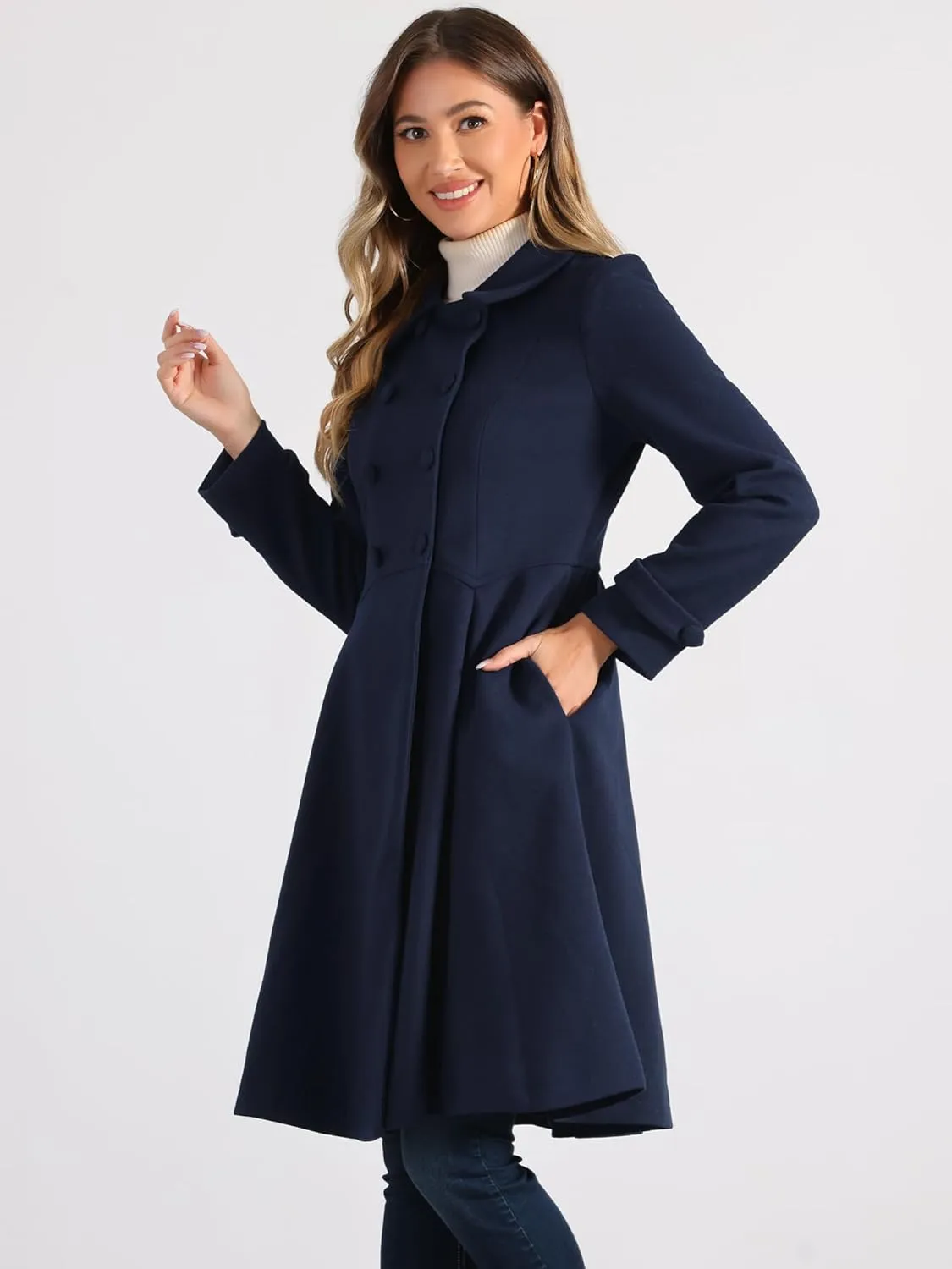 Allegra K Women's Winter Overcoat a Line Trench Coat Lapel Collar Swing Double Breasted Long Dress Coat