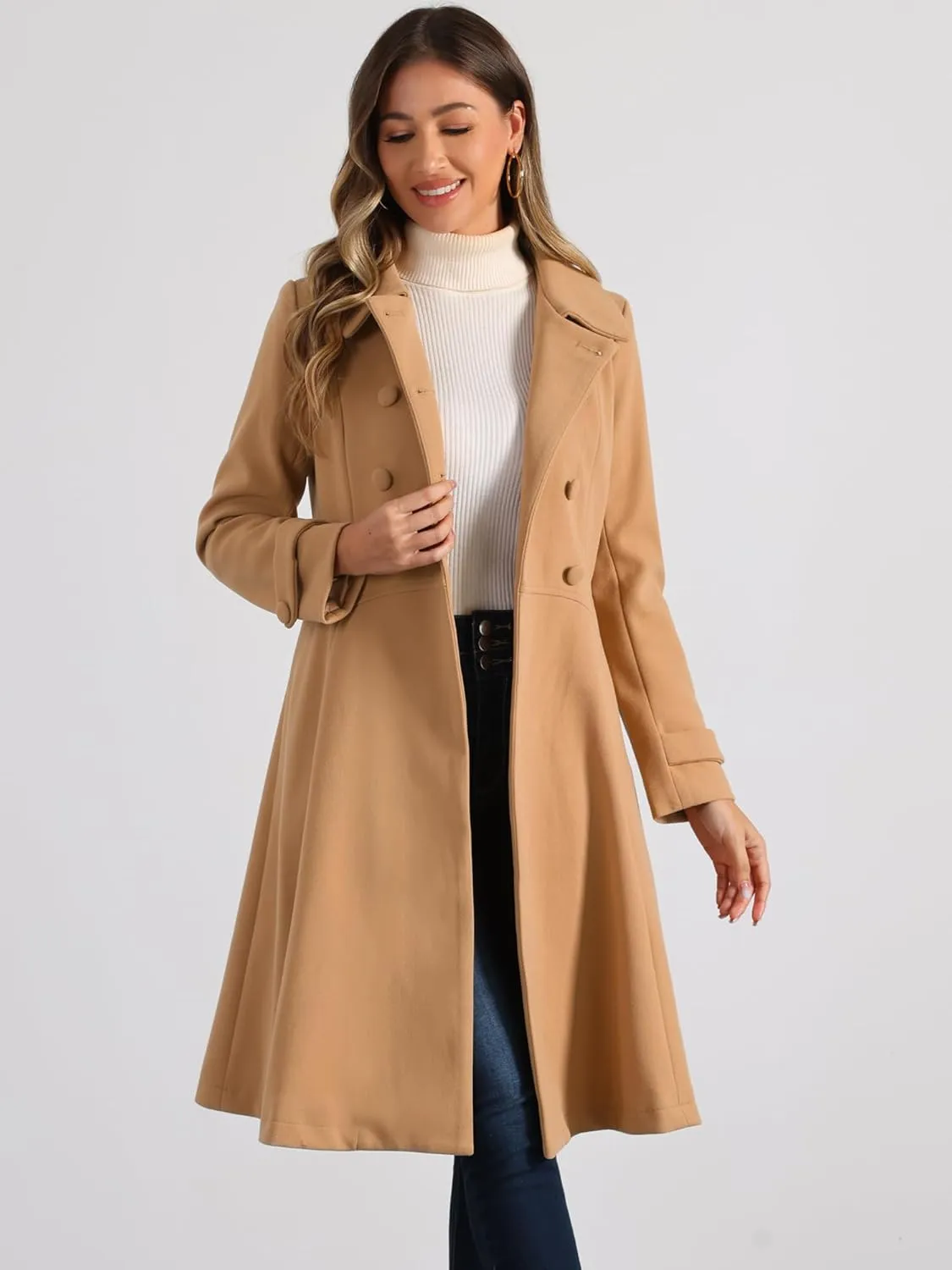 Allegra K Women's Winter Overcoat a Line Trench Coat Lapel Collar Swing Double Breasted Long Dress Coat
