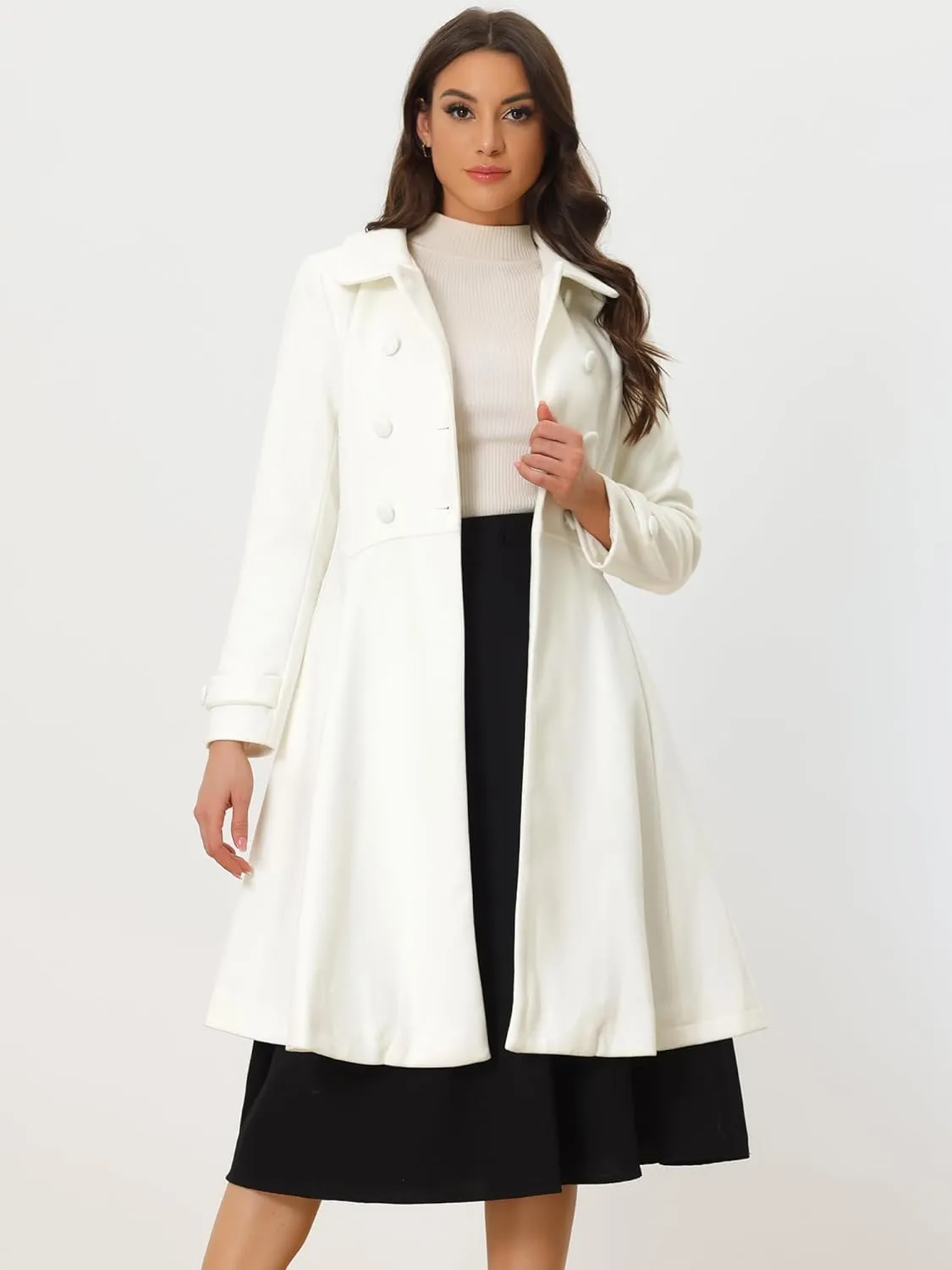 Allegra K Women's Winter Overcoat a Line Trench Coat Lapel Collar Swing Double Breasted Long Dress Coat