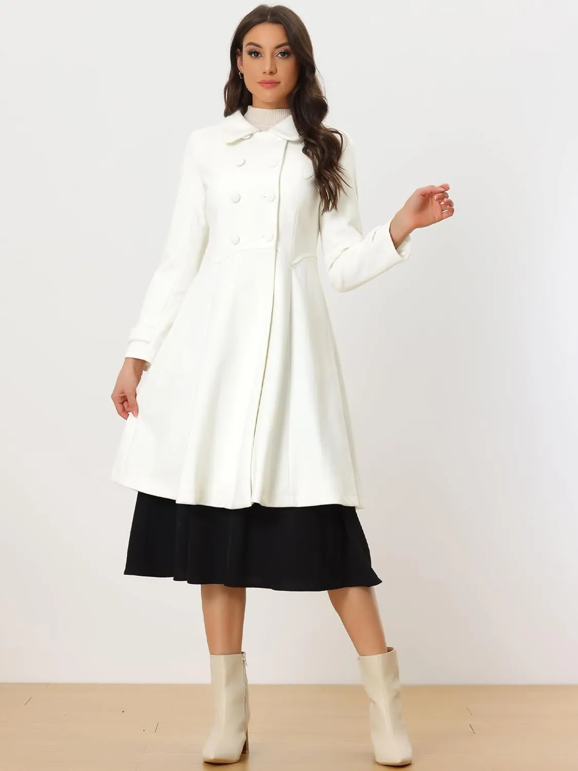 Allegra K Women's Winter Overcoat a Line Trench Coat Lapel Collar Swing Double Breasted Long Dress Coat
