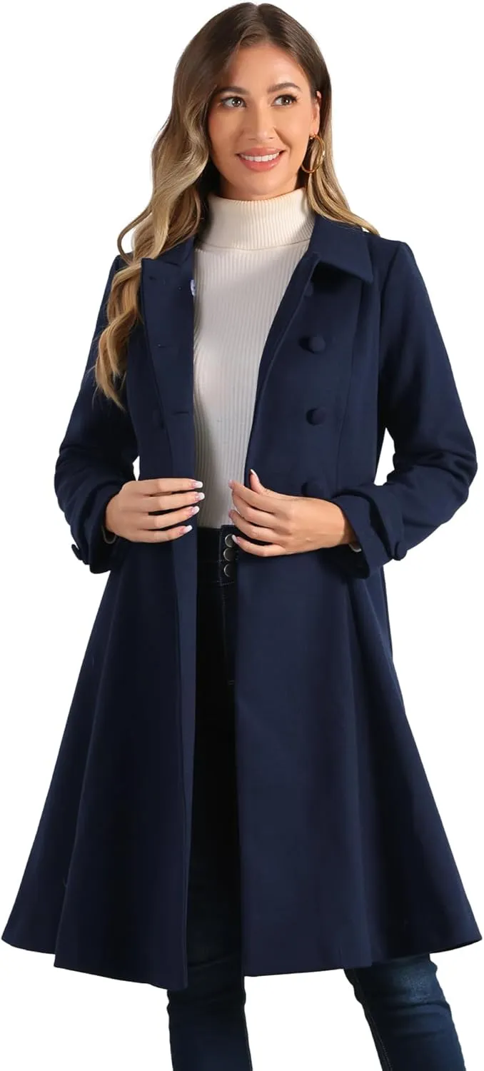 Allegra K Women's Winter Overcoat a Line Trench Coat Lapel Collar Swing Double Breasted Long Dress Coat