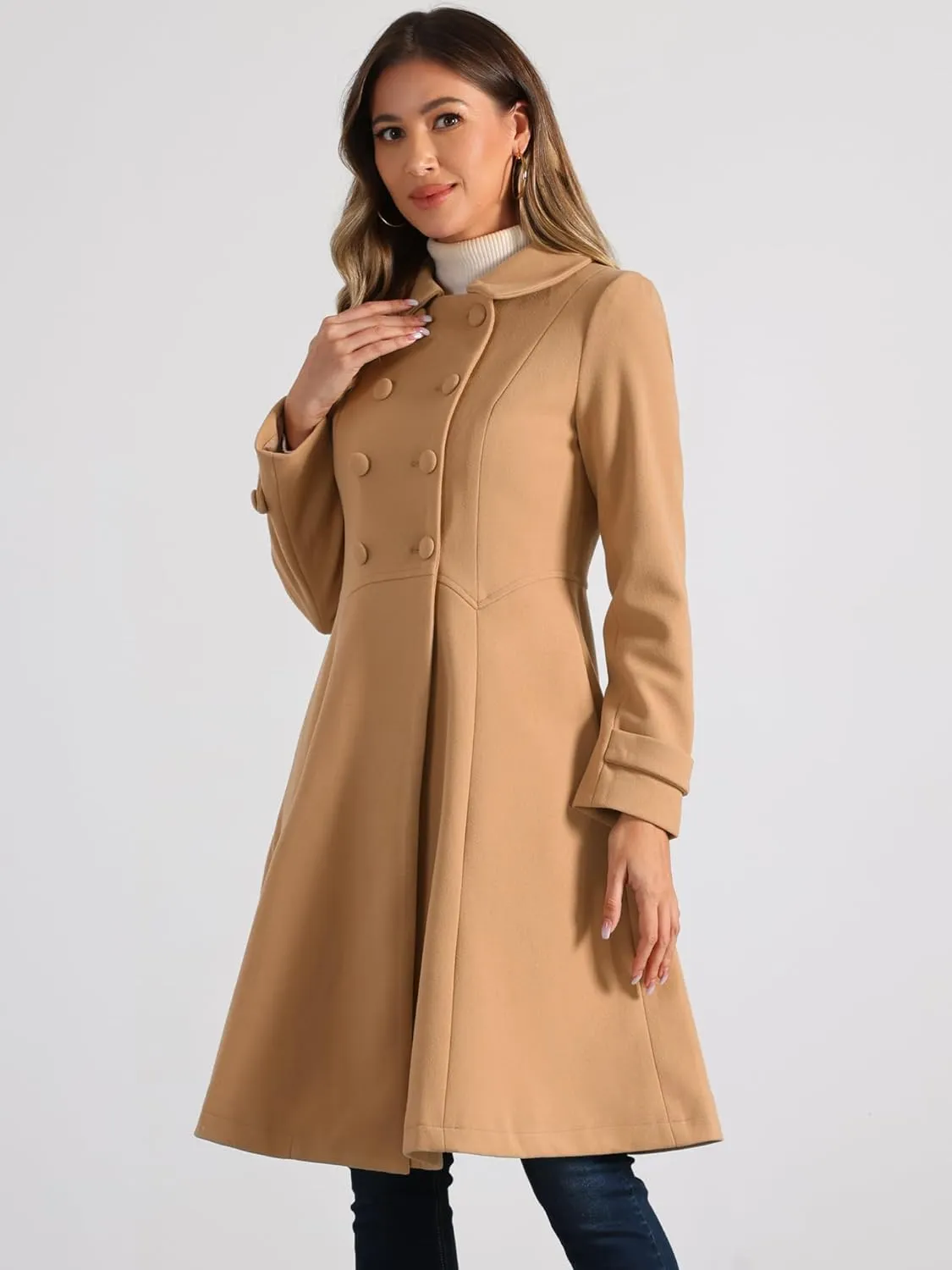 Allegra K Women's Winter Overcoat a Line Trench Coat Lapel Collar Swing Double Breasted Long Dress Coat