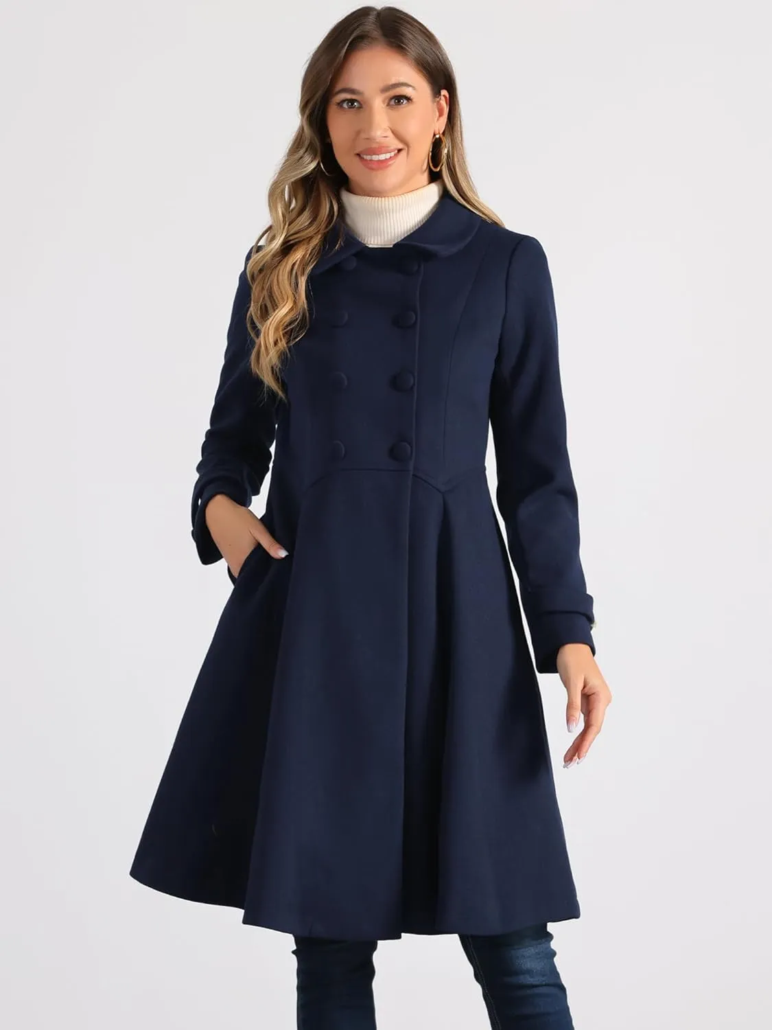 Allegra K Women's Winter Overcoat a Line Trench Coat Lapel Collar Swing Double Breasted Long Dress Coat
