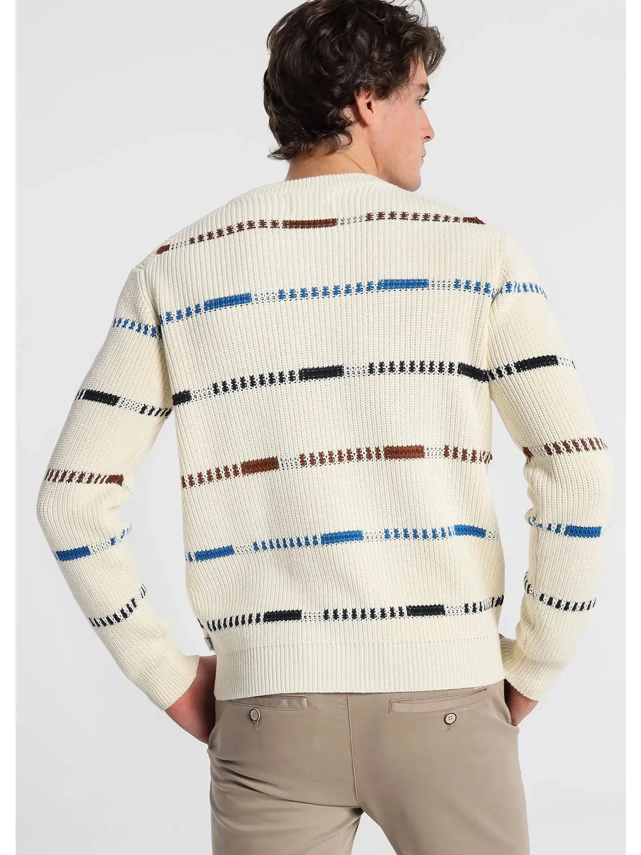 Bendorff Cream Longsleeve Crewneck Sweater With Blue, Black and Brown Horizontal Stripes