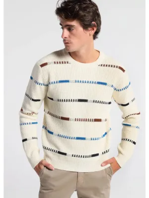 Bendorff Cream Longsleeve Crewneck Sweater With Blue, Black and Brown Horizontal Stripes