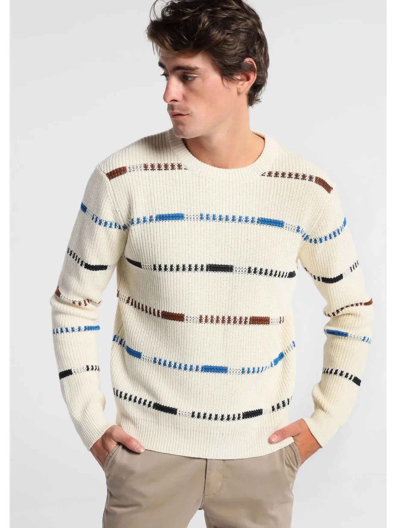Bendorff Cream Longsleeve Crewneck Sweater With Blue, Black and Brown Horizontal Stripes