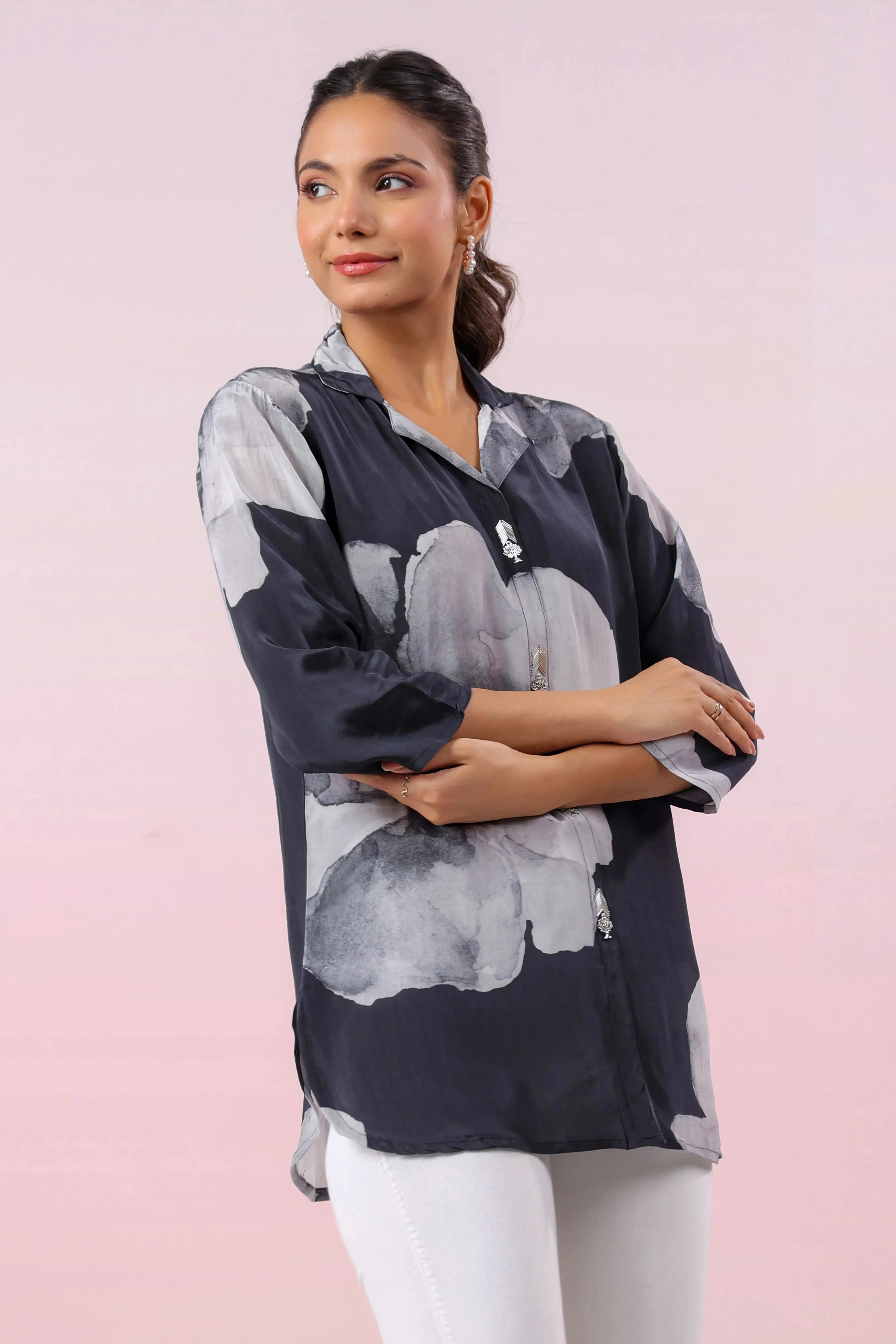 Black Printed Russian Silk Top
