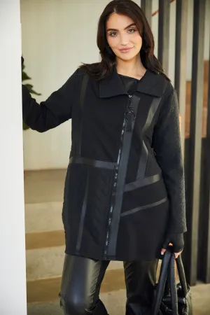 Black Quilted Coat with Contrast Panels & Front Zip