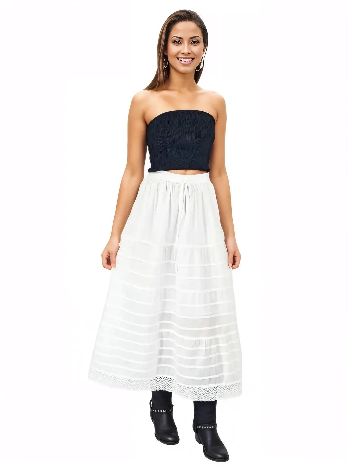 Bohemian 100% Cotton White Maxi Skirt Size Range S-XXL