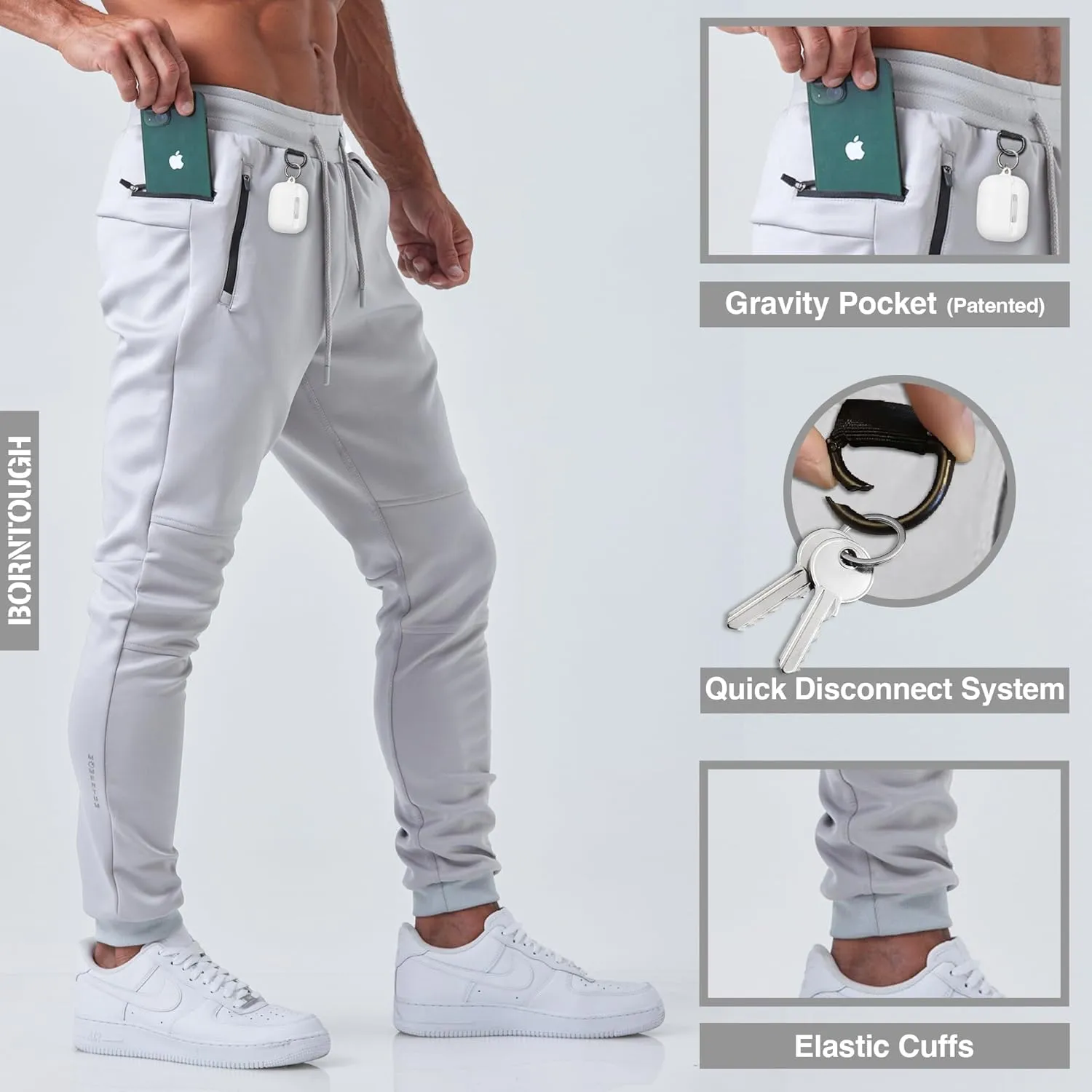 Born Tough Slim-Fit Mens Workout Joggers Pants, Tapered Bodybuilding Gym Joggers, Athletic Running Sweatpants Zipper Pockets
