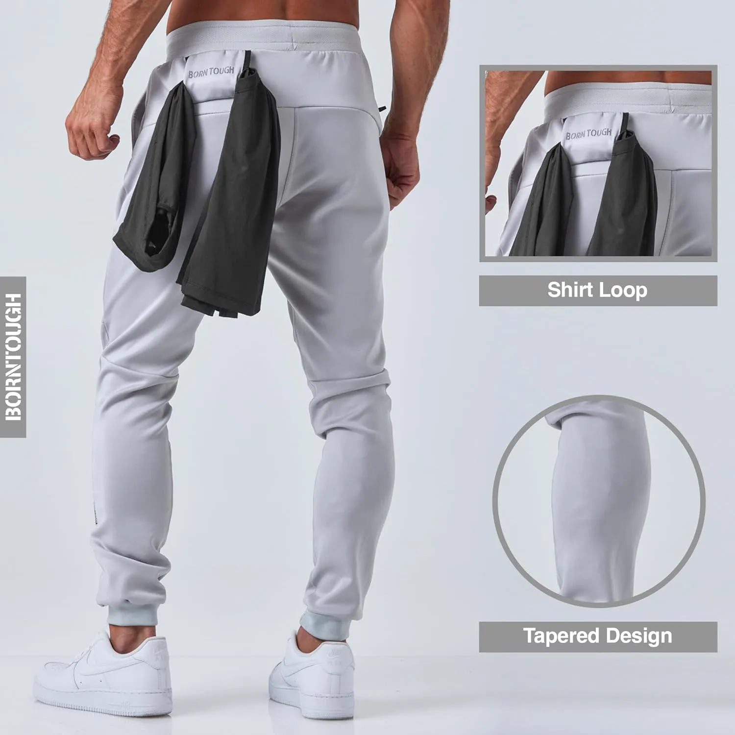 Born Tough Slim-Fit Mens Workout Joggers Pants, Tapered Bodybuilding Gym Joggers, Athletic Running Sweatpants Zipper Pockets