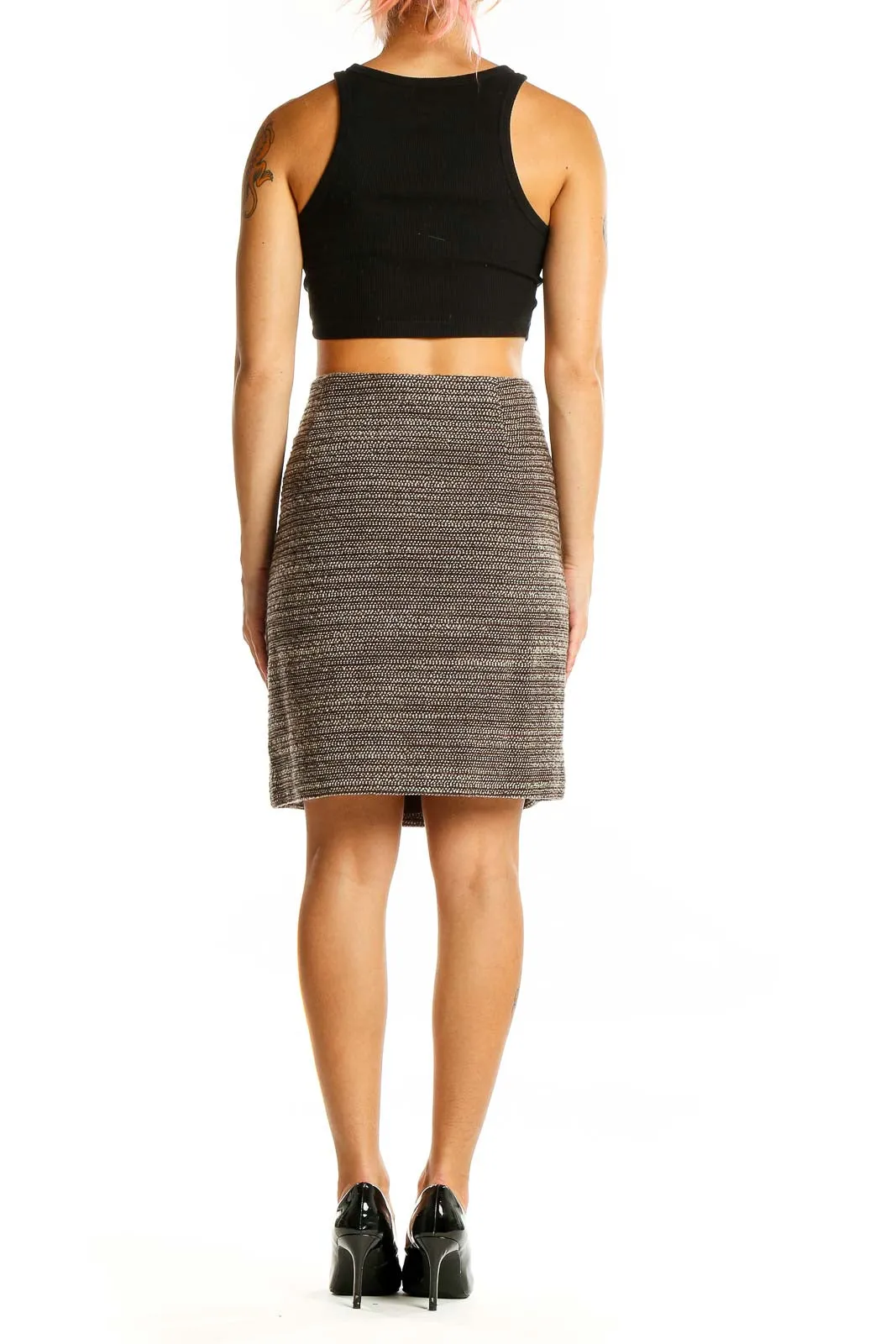 Brown Textured Wool Blend Pencil Skirt