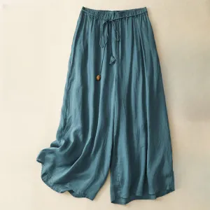 Buddha Stones Simple Design Drawstring Linen Women's Wide Leg Pants With Pockets