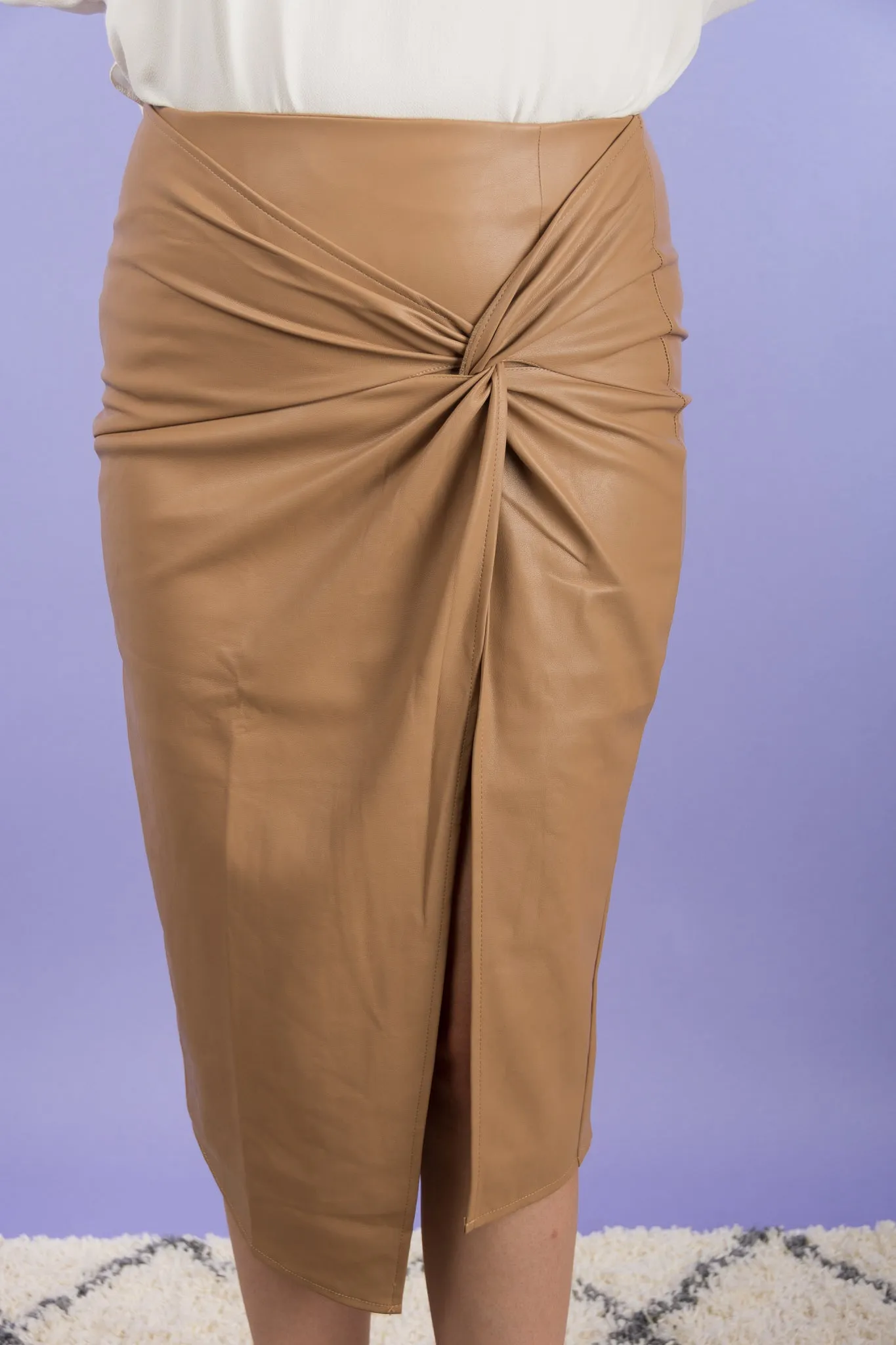 Business First Faux Leather Midi Skirt (Latte)