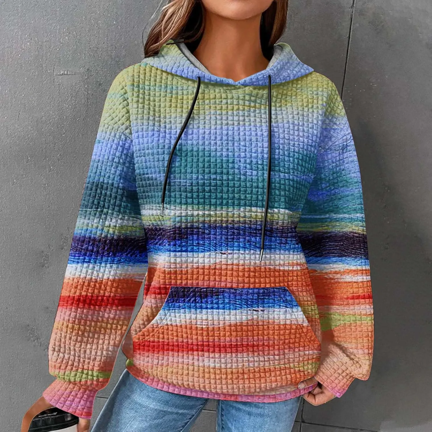 Ceboyel Womens Waffle Knit Hooded Sweatshirts Trendy Hoodies Sweater Long Sleeve Pullover Tops Teen Girls Cute Winter Outfits