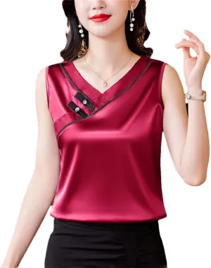 Chinese Style Women Tank Top Spring Summer Silk Satin Vest V Neck Sleeveless Casual Camisole