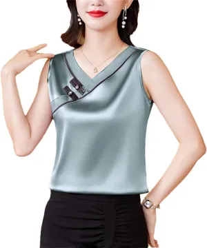 Chinese Style Women Tank Top Spring Summer Silk Satin Vest V Neck Sleeveless Casual Camisole