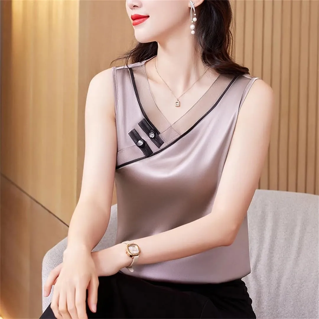 Chinese Style Women Tank Top Spring Summer Silk Satin Vest V Neck Sleeveless Casual Camisole