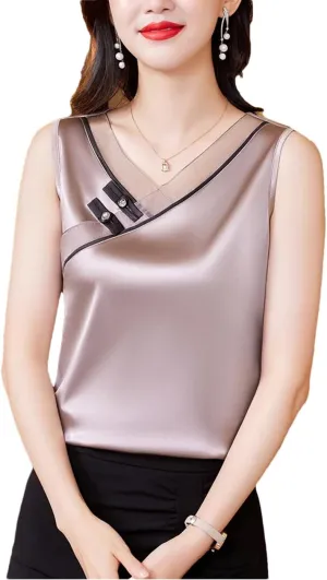 Chinese Style Women Tank Top Spring Summer Silk Satin Vest V Neck Sleeveless Casual Camisole