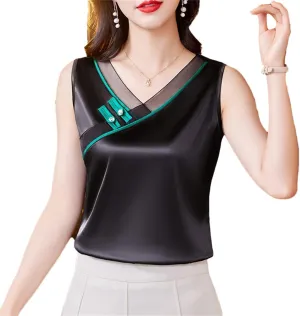 Chinese Style Women Tank Top Spring Summer Silk Satin Vest V Neck Sleeveless Casual Camisole