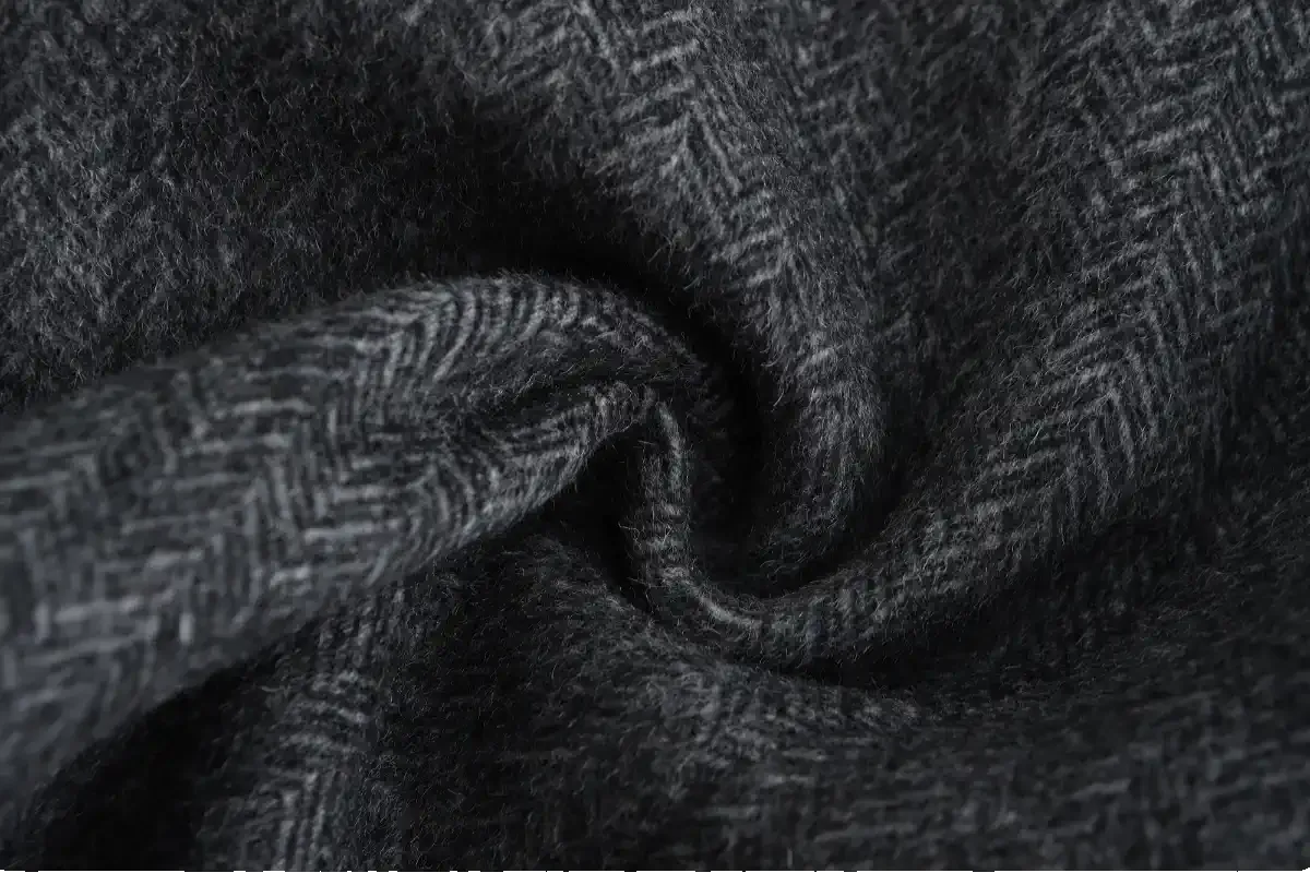 Classic Gray Herringbone Double-Breasted Structured Wool Coat with Unique Lapel