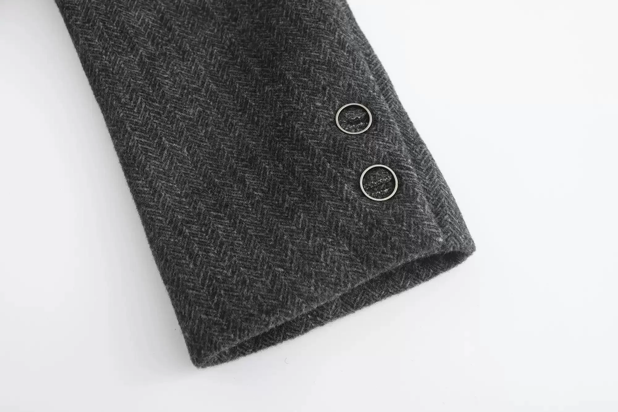Classic Gray Herringbone Double-Breasted Structured Wool Coat with Unique Lapel