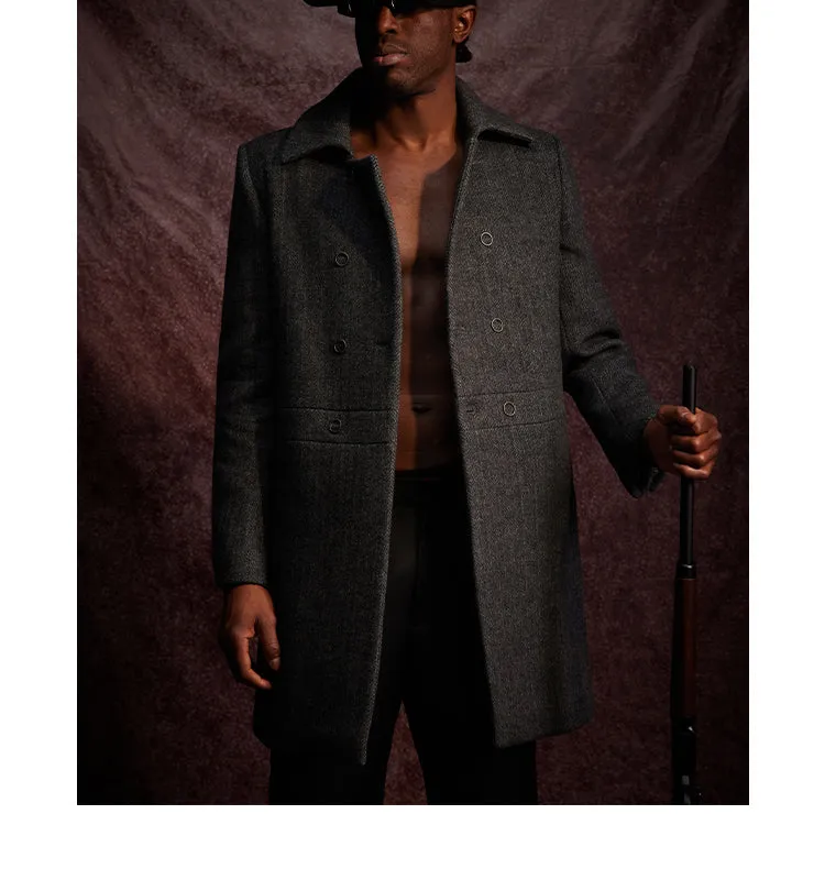 Classic Gray Herringbone Double-Breasted Structured Wool Coat with Unique Lapel