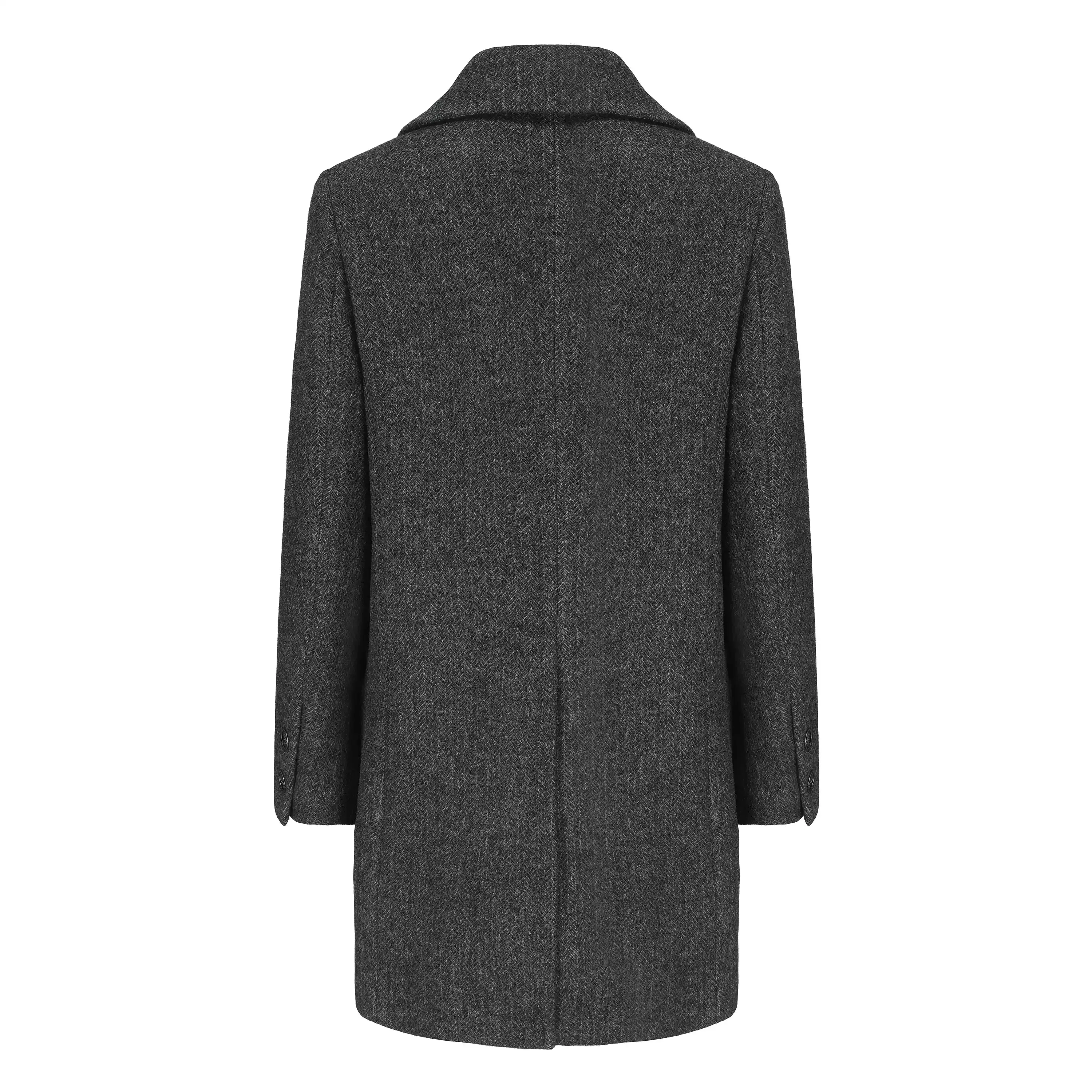 Classic Gray Herringbone Double-Breasted Structured Wool Coat with Unique Lapel