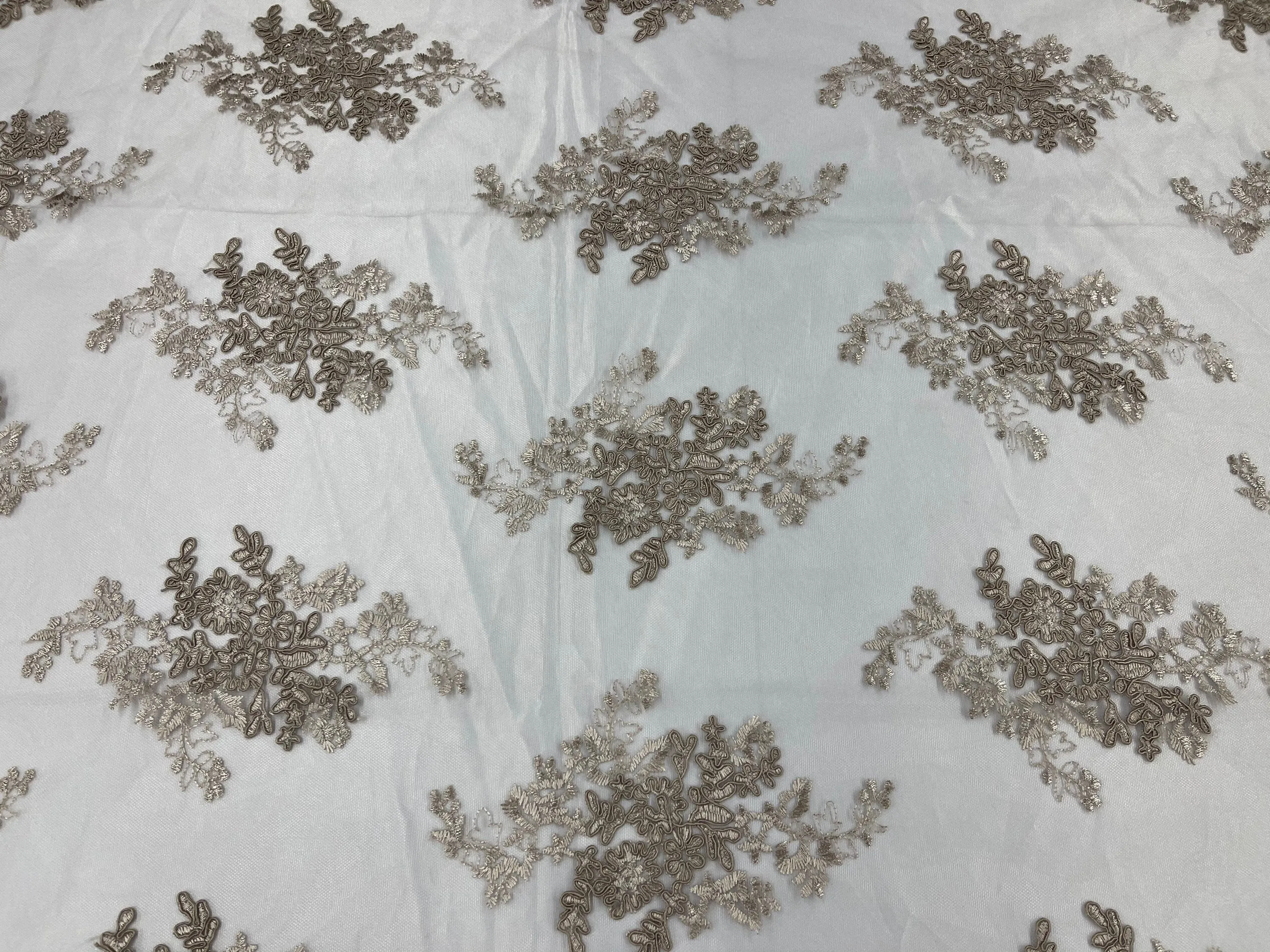 Coffee Floral Lace Fabric, Embroidery on a Mesh Lace Fabric By The Yard For Gown, Wedding-Bridal-Dress
