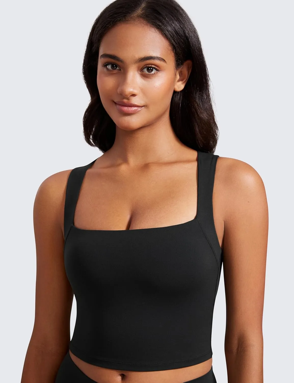 CRZ YOGA Butterluxe Womens Longline Square Neck Sports Bras - Basic Crop Tank Yoga Workout Tops with Built in Pads