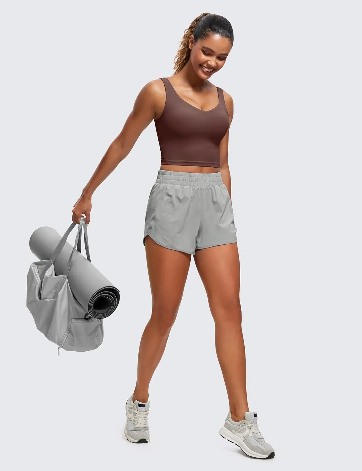 CRZ YOGA Butterluxe Womens V Neck Longline Sports Bra - U Back Padded Crop Workout Tank Tops with Built in Pads
