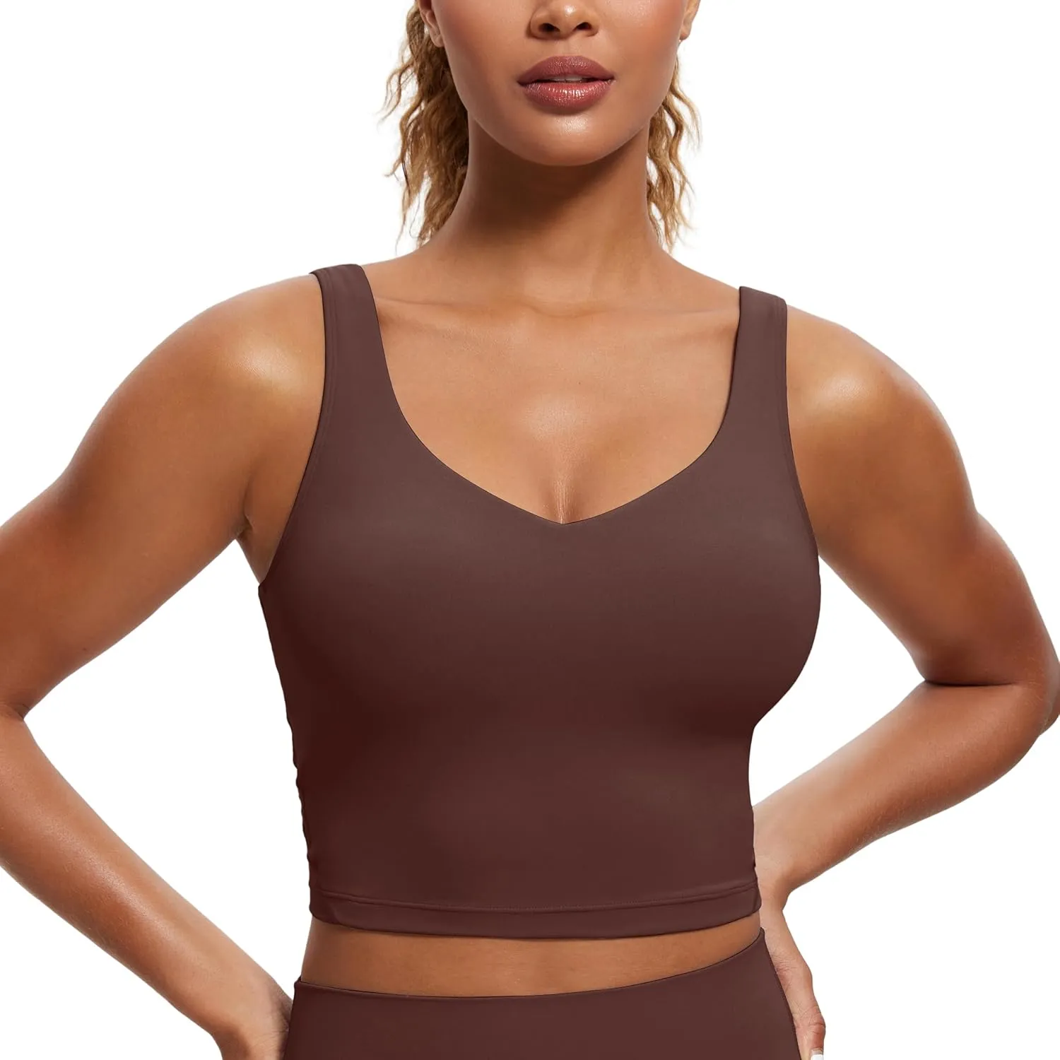 CRZ YOGA Butterluxe Womens V Neck Longline Sports Bra - U Back Padded Crop Workout Tank Tops with Built in Pads
