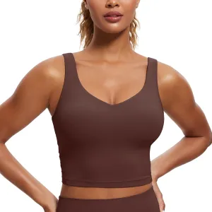 CRZ YOGA Butterluxe Womens V Neck Longline Sports Bra - U Back Padded Crop Workout Tank Tops with Built in Pads