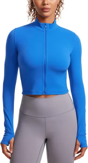 CRZ YOGA Womens Butterluxe Full Zip Cropped Workout Jacket Slim Fit Lightweight Athletic Yoga Tops with Thumb Holes