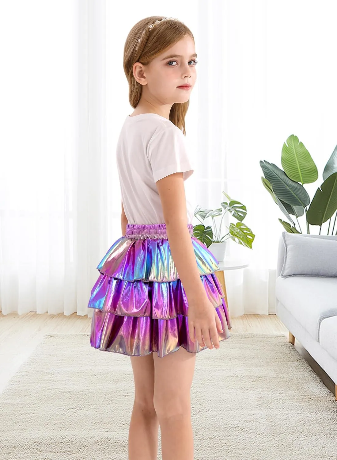 DAXIANG Girls Metallic Skirt with Shorts 3-Layer Pleated Ruffle Skirt for Girls Christmas Dance 4-13 Years