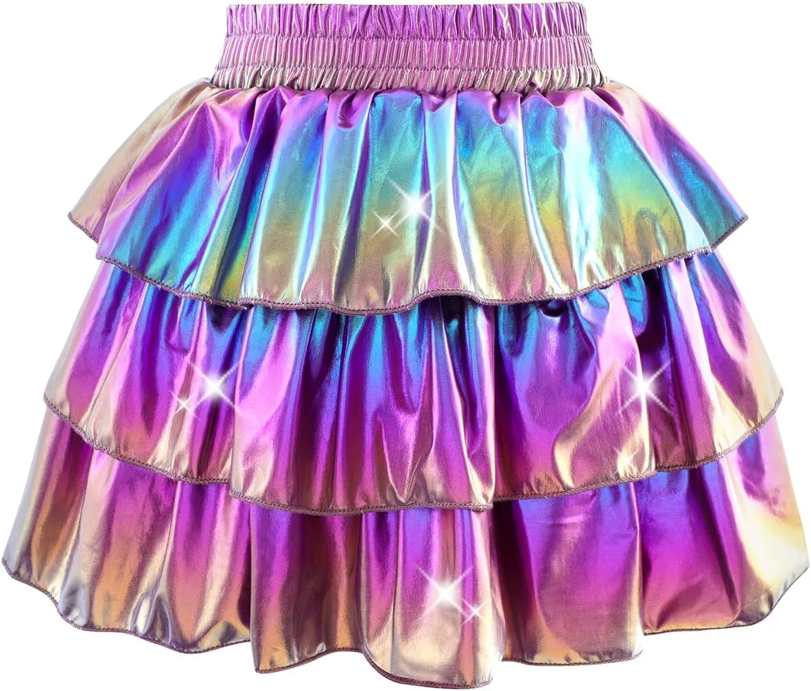 DAXIANG Girls Metallic Skirt with Shorts 3-Layer Pleated Ruffle Skirt for Girls Christmas Dance 4-13 Years