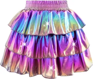 DAXIANG Girls Metallic Skirt with Shorts 3-Layer Pleated Ruffle Skirt for Girls Christmas Dance 4-13 Years