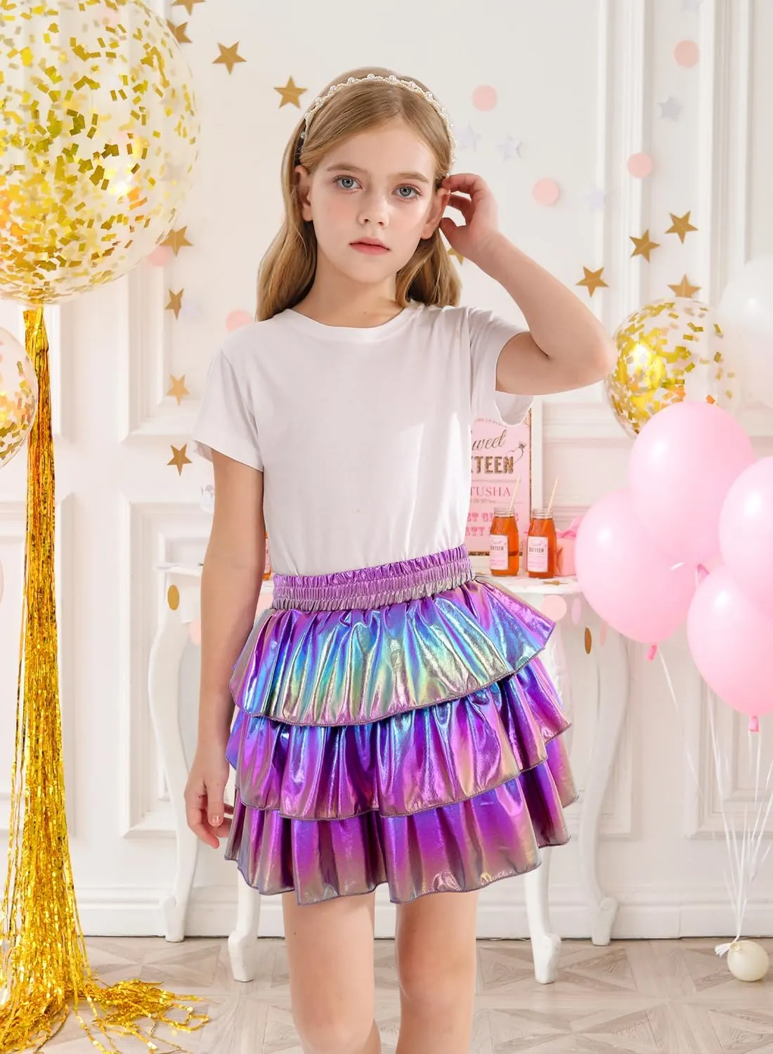 DAXIANG Girls Metallic Skirt with Shorts 3-Layer Pleated Ruffle Skirt for Girls Christmas Dance 4-13 Years