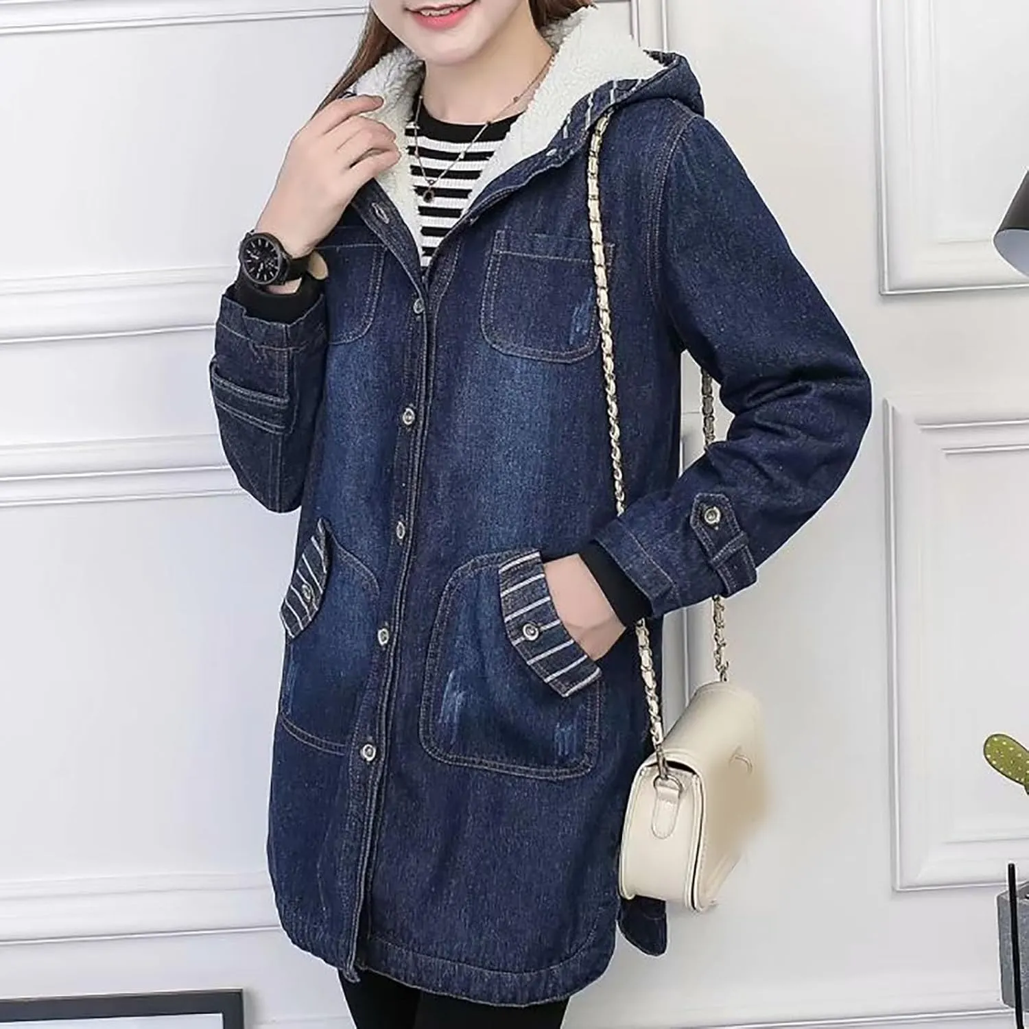 DDAPJ pyju Women's Hooded Denim Jacket Mid-Long Sherpa Fleece Lined Thicken Winter Coats Trucker Jacket Overcoat with Pockets